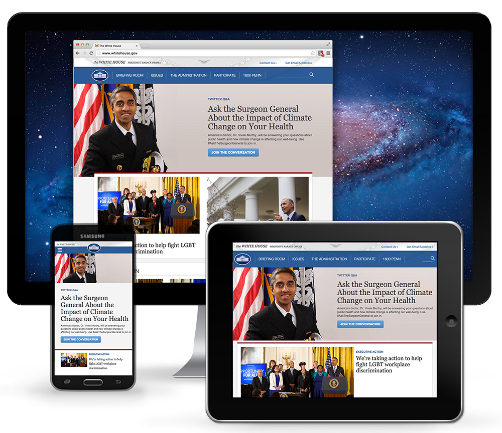 The White House landing page on desktop, tablet, and mobile devices as of April 9, 2015